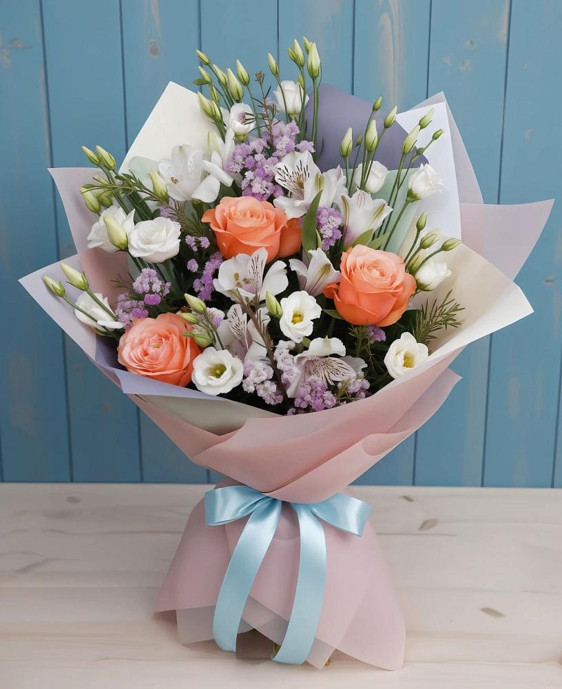 Букет цветов из: Лизиантусы, Розы, Альстромерии и Гипсофила в Грайвороне